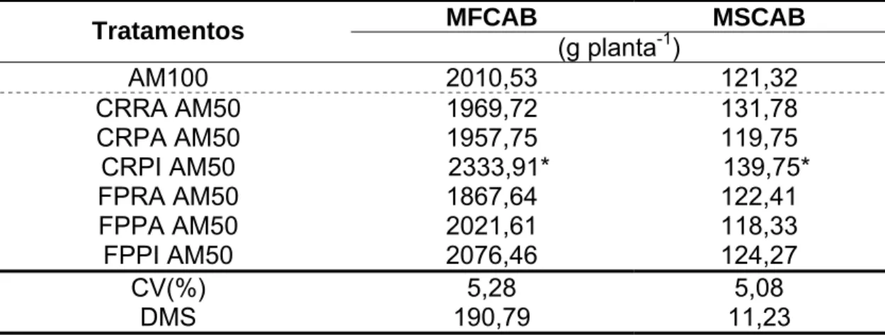 Tabela 3 - Valores médios de produção da massa da matéria fresca e seca  de cabeças de repolho (MFCAB e MSCAB), aos 92 dias após o transplantio