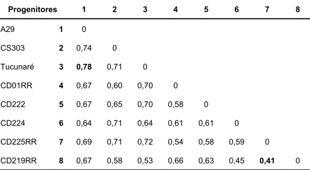 Tabela 6: Matriz das dissimilaridades genéticas obtidas pelo complemento do índice 