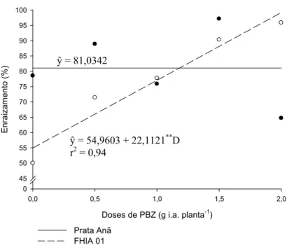Figura 5. Estimativa da porcentagem de enraizamento  dos explantes das bananeiras ‘Prata Anã’ e  ‘FHIA 01’ provenientes de plantas tratadas  com diferentes doses de PBZ