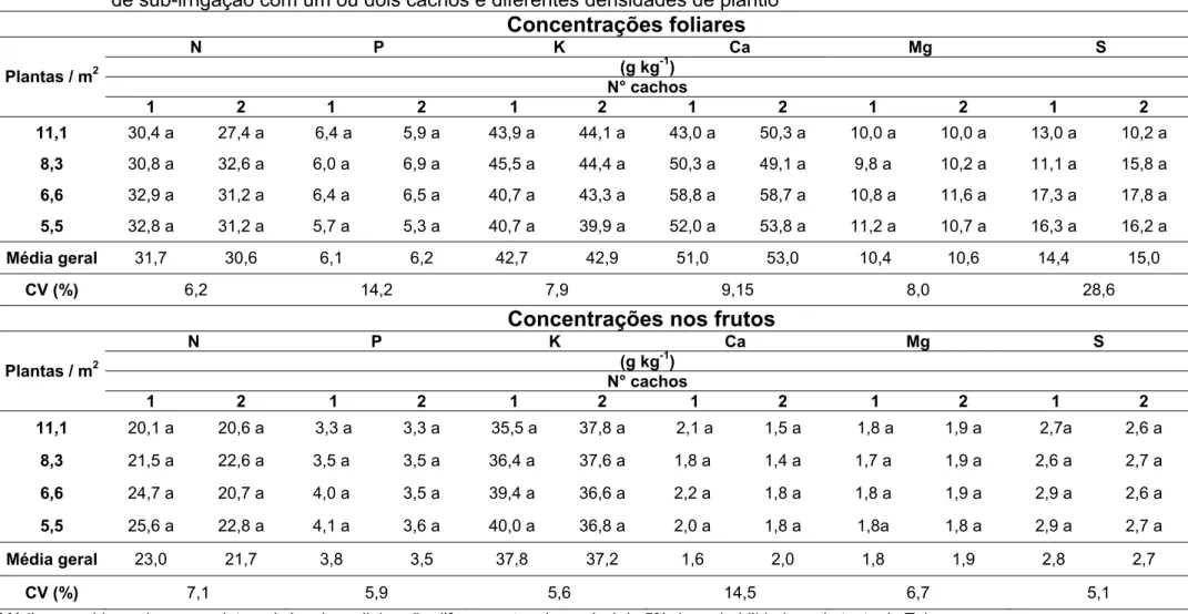 Tabela 5 – Valores médios das concentrações de macronutrientes em folhas e frutos de tomateiro cultivado em sistema hidropônico 