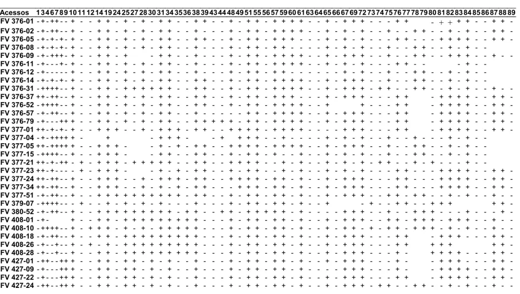 Tabela 5 - Fingerprinting obtido com 58 marcadores microssatélite para 152 acessos do Banco de Germoplasma da UFV