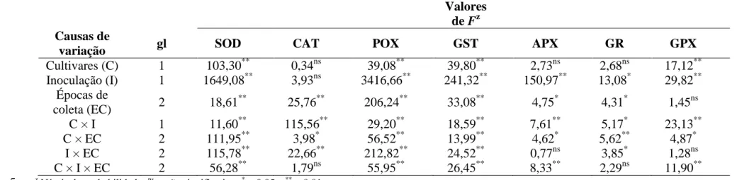 Tabela 2. Análise de variância dos efeitos de cultivares, inoculação e épocas de coleta na atividade das enzimas superóxido dismutase 