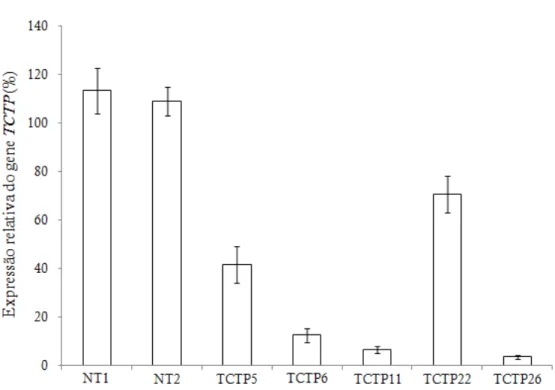 Figura  12.  Expressão  relativa  do  transgene  TCTP  em  plantas  das  linhagens  de  tomateiro  transformadas  com  a  construção  pK7WG2-TCTP