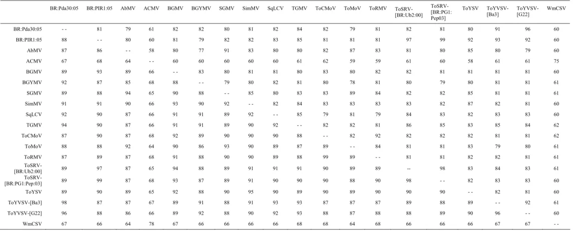 Tabela 4. Porcentagem de identidade entre as seqüências de nucleotídeos da ORF cp (valores acima da diagonal) e as seqüências de aminoácidos 