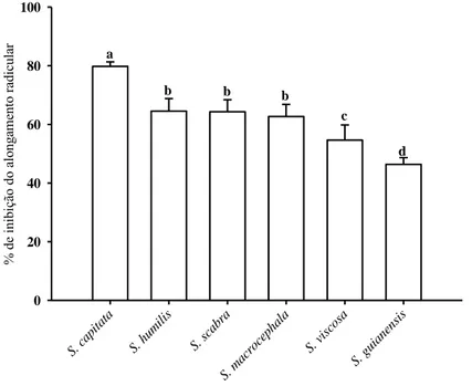 Figura  1  -  Efeito  do  Al  sobre  a  inibição  do  alongamento  radicular  em  seis  espécies  de  Stylosanthes, após 24 horas de tratamento com Al 200 µM