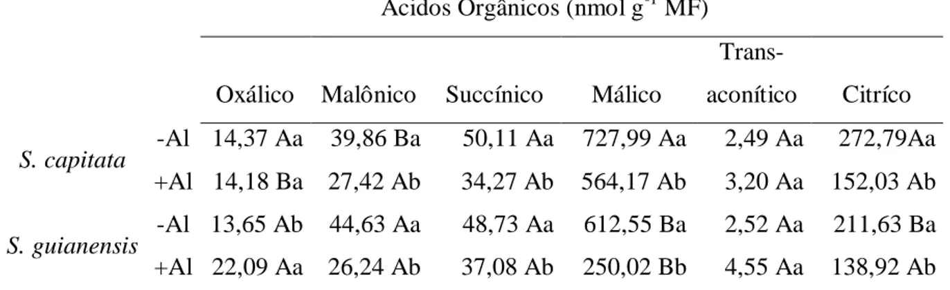 Tabela 2- Teores de ácidos orgânicos em raízes de Stylosanthes, após 48 horas de exposição  ao Al (200µM) nas espécies de Stylosanthes