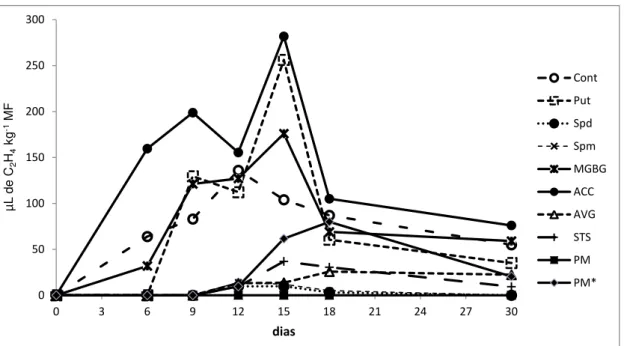 Figura 3 - Níveis de acúmulo de etileno (µL de C 2 H 4  kg -1  MF) mensurado ao longo do 