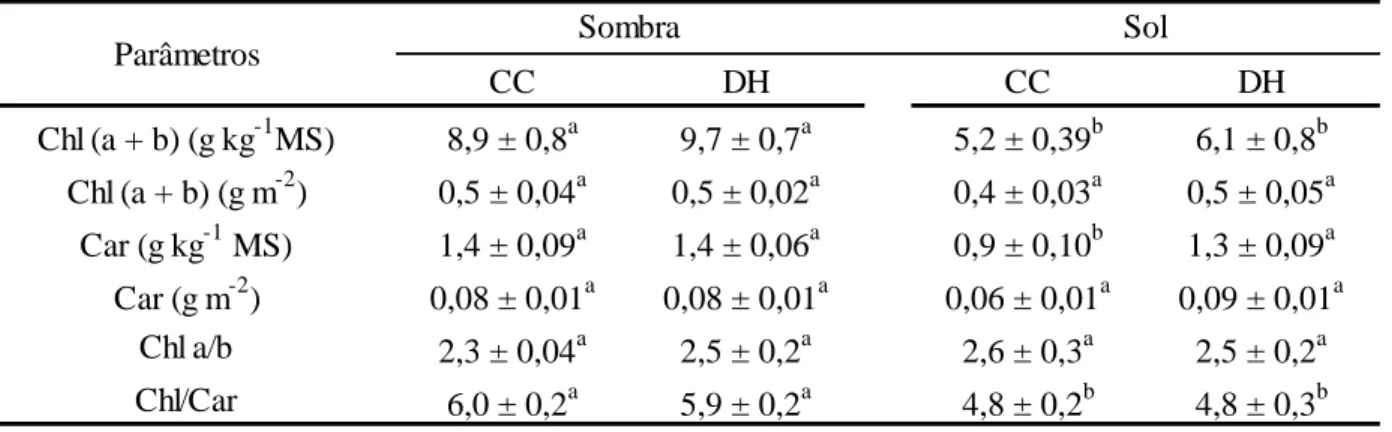 Tabela  6.  Concentração   foliar  de  clorofilas  (Chl)  e  carotenoides  (Car)  em  plantas  de  Coffea  arabica  L