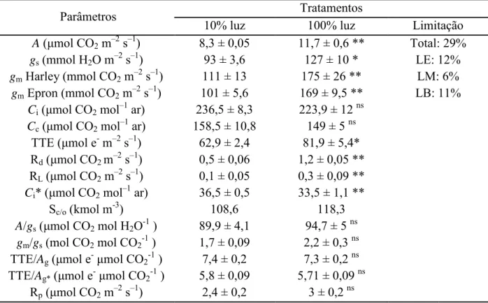 Tabela  3  Valores  médios  dos  parâmetros  fotossintéticos  analisados.  Estatística  conforme 
