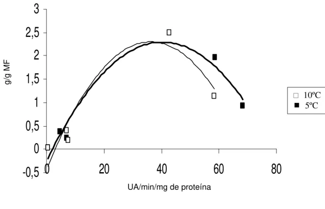 Figura  5-  Relação entre atividade da enzima polifenoloxidase  e  concentração de compostos fenólicos solúveis em raízes de  batata-baroa armazenadas por 28 dias nas temperaturas de 5 e  10ºC