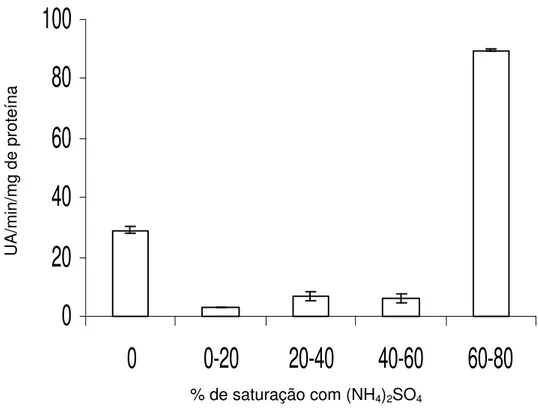 Figura 1-  Atividade das enzimas peroxidases após saturação do extrato  bruto de  raízes de  batata-baroa com  cinco  porcentagens de 