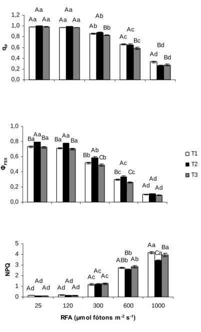 Figura 4. Coeficiente de extinção fotoquímico (qP), rendimento quântico do  transporte de elétrons do FSII ( Φ FSII ) e coeficiente de extinção não-fotoquímico  (NPQ) em mudas de café formadas a pleno sol (T1), à sombra (T2) e  desenvolvidas a sombra e tra