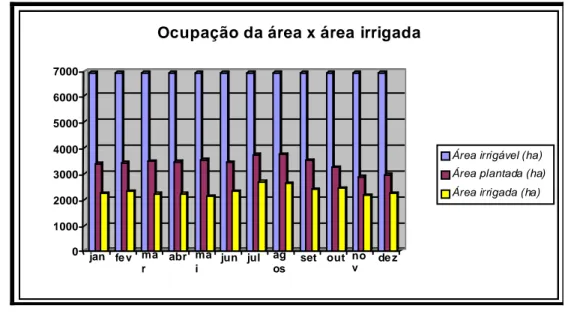 Figura 8 – Relação entre área irrigável, área irrigada e área plantada do Projeto  Jaíba, MG, 2004