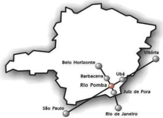 Figura 2 - Distância de Rio Pomba aos grandes centros urbano mais próximos. 