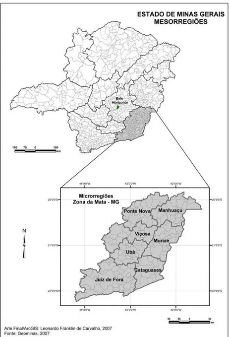 Ilustração 7 - Mapa da Zona da Mata Mineira e suas microrregiões.  Fonte: Geominas, 2007