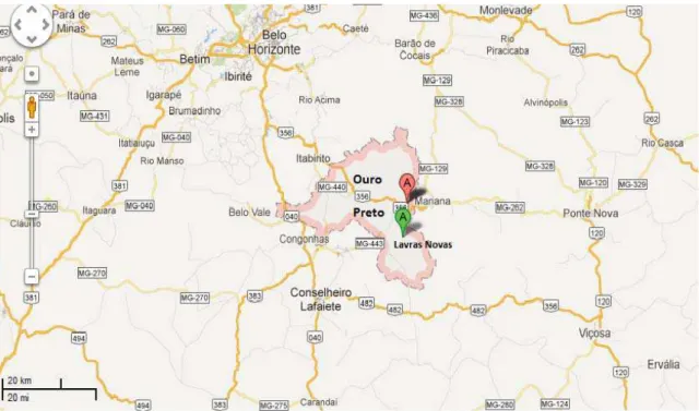 Figura 1: Mapa de localização do Município de Ouro Preto e do Distrito de Lavras Novas 