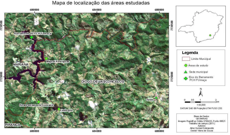 Figura 7: Espacialização das localidades estudadas no município de Diogo de Vasconcelos