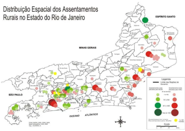 Figura 2 .  Mapa com a distribuição espacial dos assentamentos no Estado do Rio de Janeiro, com os temas de  quantidade de famílias e atendimento de agências estatais (INCRA ou ITERJ).