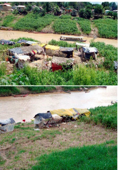 Figura 9 – Barracos nas margens do rio Iaco, em cima acampamento dos Culina  (Madhja), em baixo acampamento dos Jaminawa 