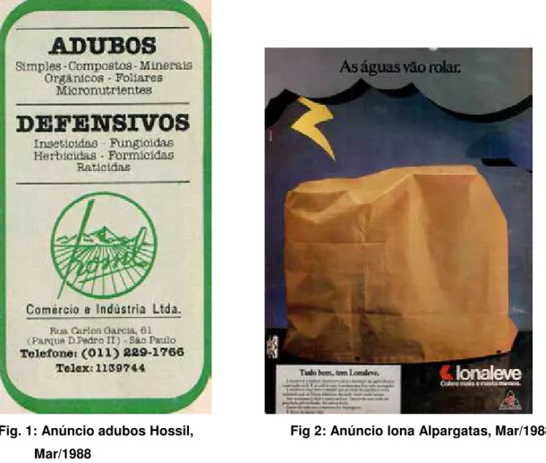 Fig. 1: Anúncio adubos Hossil,                          Fig 2: Anúncio lona Alpargatas, Mar/1988  Mar/1988  