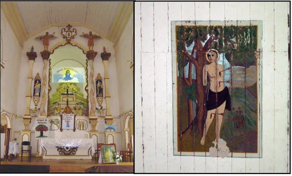 Figura 10: Retábulo e forro da capela mor antes da remoção da repintura. Dossiê de restauração, agosto de  2006