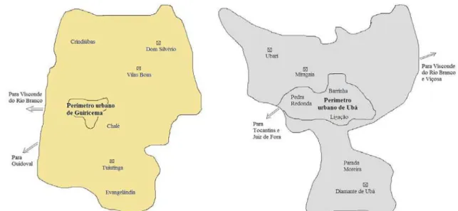 Figura 2. Croquis de Guiricema e Ubá, em MG, com a localização dos distritos  (marcados com caixas) e as comunidades participantes da pesquisa