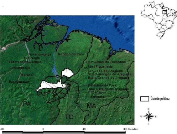 Figura 3: Mapa destacando os municípios aos quais projetos de assentamento pesquisados estão vinculados,  sendo eles Rondon do Pará (PA1), São Domingos do Araguaia (PA2) e Marabá (PA3 e PA4)