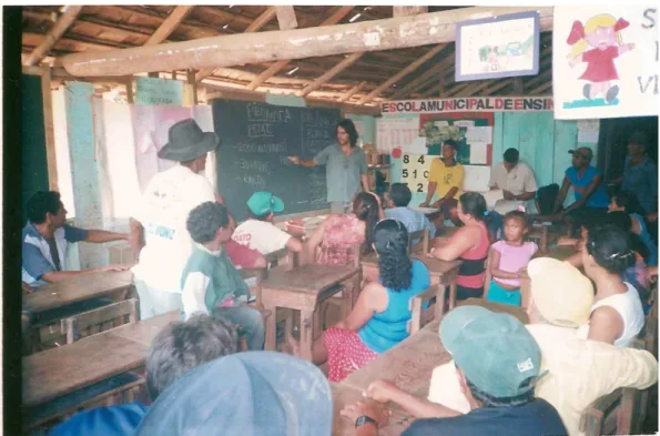 Figura 4: Reunião entre técnicos da Copserviços e agricultores na escola de um assentamento para  esclarecimento da linha de crédito Pronaf A, em 2005