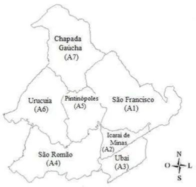 Figura 2: Mapa de sete municípios localizados em Minas Gerais. 