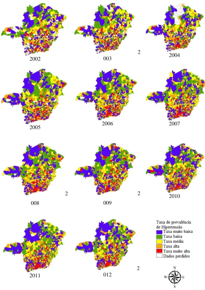 Figura 5: Mapas de distribuição espacial da taxa de prevalência de hipertensão arterial  referente ao período de 2002 a 2012 no estado Minas Gerais