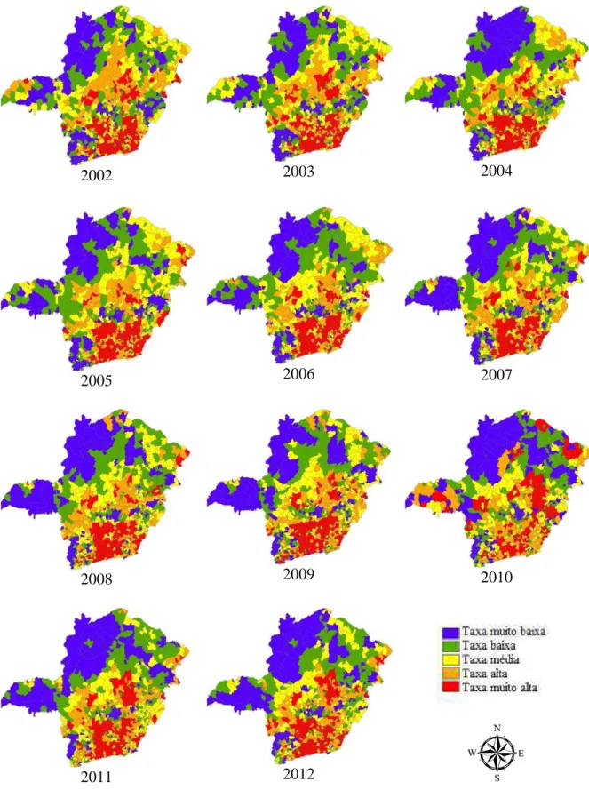 Figura 6: Mapas da Média Móvel Local da variável taxa de prevalência de hipertensão  arterial referente ao período de 2002 a 2012