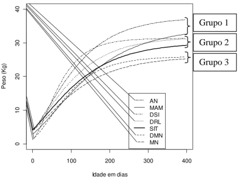 Figura 1  – Ajuste das curvas de crescimento pelo modelo de von Bertalanffy para cada um  dos 7 genótipos