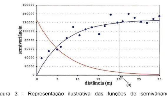 Figura 3 - Representação ilustrativa das funções de semivâriancias e  covariâncias (linha azul e vermelha, respectivamente)