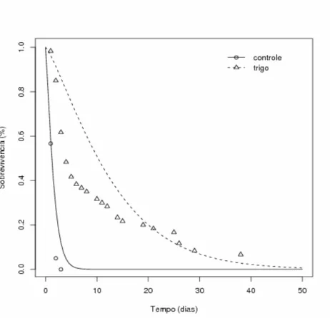 Figura 3. Curvas de sobrevivência de adultos de C. externa na presença de néctar de trigo 
