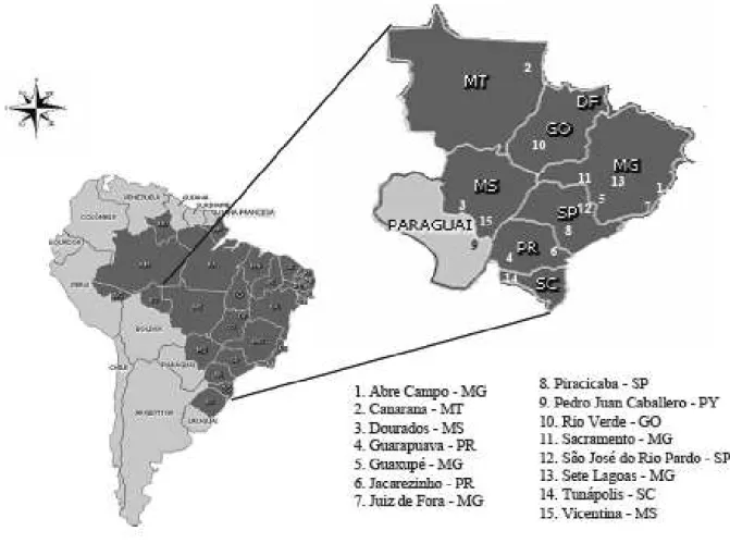 Figura 1- Locais de coleta de Sitophilus zeamais (Coleoptera: Curculionidade) nos estados brasileiros e Paraguai