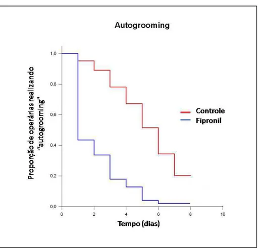 Figura  5:  Proporção  de  operárias  de  Acromyrmex  subterraneus  subterraneus  realizando  “autogrooming”  em  colônias  tratadas  e  colônias  não  tratadas  com  a  solução do inseticida fipronil