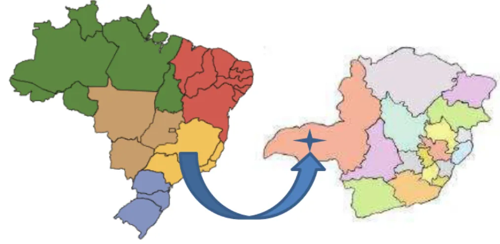 Figura 1:  Esquema do mapa do Brasil e Minas  Gerais,  indicando  a localização da  região onde está localizada a Estação Ecológica do Panga