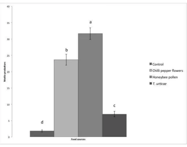 Figure  3:  Average  number  of  motile  A.  herbicolus  (±SEM)  on  chilli  pepper  plants  with different food sources at the end of the experiment (destructive sampling)
