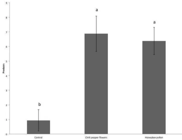 Figure  5:  Average  number  of  motile  predators  and  eggs  (±SEM)  sampled  on  plants  without  food  (control),  with  flowers  providing  pollen  and  on  plants  supplied  with  honeybee-collected pollen