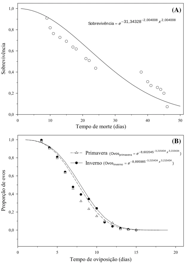 Figura 3 - (A) Curvas de sobrevivência e (B) do período de oviposição de  Diclidophlebia  smithi (Hemiptera: Psyllidae) de acordo com a distribuição de  Weibull na primavera de 2005 (B) (20,4 ± 0,3 ºC, umidade relativa do ar 77,3 ±  1,2 % e fotoperíodo 12,