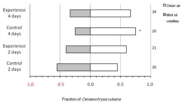 Figure 1  – Choice of Ceraeochrysa cubana larvae when offered mint oil odours vs. clean air after two  or  four  days  of  previous  experience  with  mint  oil  or  with  no  previous  experience  (Control)