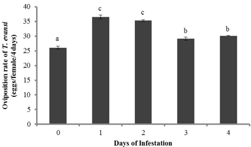Figure  1  Effect  of  induction  by  T.  evansi  through  the  time.  Mean  (±  SEM,  four  plants,  10  mites  per  plant)  oviposition  of  T