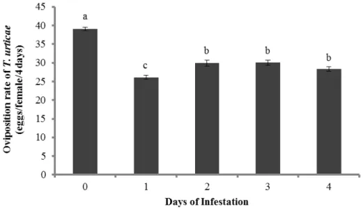 Figure 4 Effect of induction by  T. urticae through the time. Mean (± SEM, four  plants,  10  mites  per  plant)  oviposition  of  T