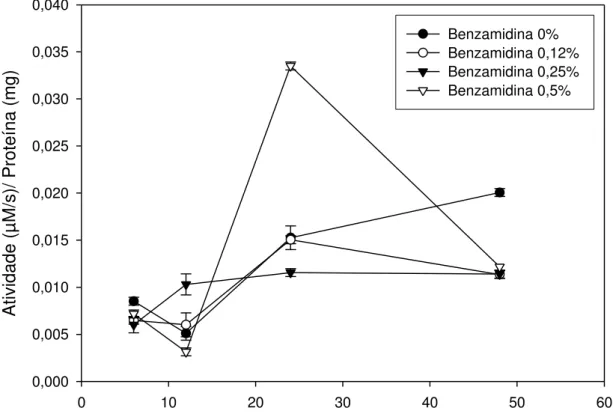 Figura 6  –  Atividade específica de hidrólise do substrato  L-BApNA pelas enzimas  tripsina-like no intestino médio de lagartas de Thyrinteina leucoceraea alimentadas com  folhas de goiaba, submetidas à aplicação de benzamidina nas concentrações de 0,0,  