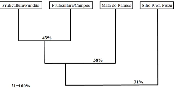 Figura  10.  Dendograma  de  similaridade  realizados  através  do  UPGMA  entre  os  ambientes de coleta em Viçosa, MG