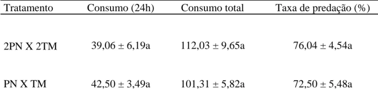 Tabela 2 – Médias ± erro-padrão 1  do consumo alimentar, por indivíduo, após 24h e total  durante nove dias (mg), e da taxa de predação total (%) de adultos fêmeas de Supputius  cincticeps  (Heteroptera: Pentatomidae) alimentando-se de pupas de Tenebrio mo