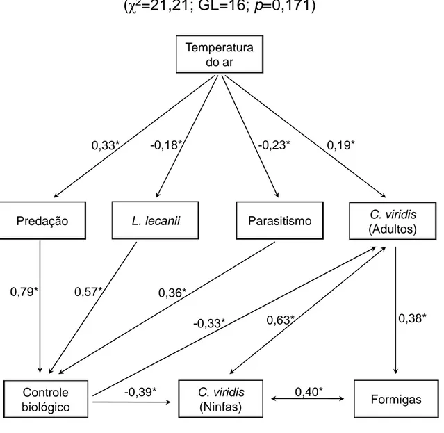 Figura 5. Diagrama da análise de trilha das interações entre controle biológico  (Lecanicillium lecanii, parasitismo e predação), temperatura média do ar,  densidades de formigas, ninfas e adultos de Coccus viridis em Coffea arabica