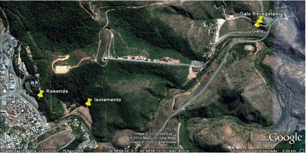 Figura 1 – Áreas que foram depósitos de rejeitos de mineração de ouro em Nova Lima, MG, Brasil (Foto: Google Earth)