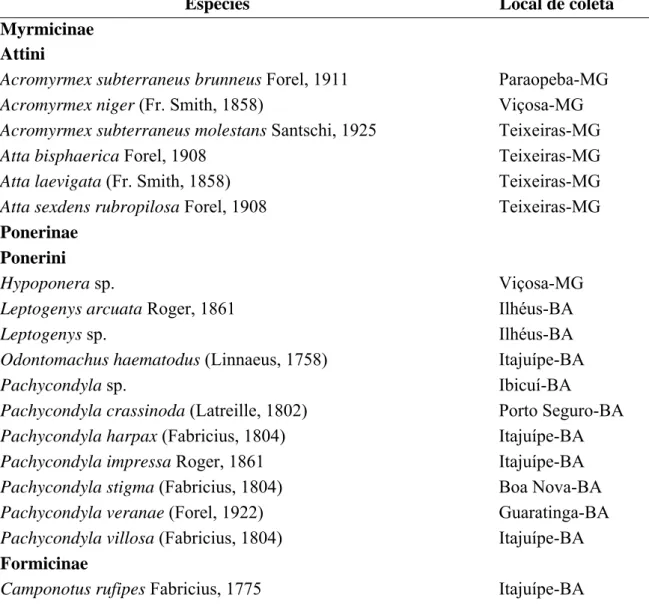 Tabela 1. Lista de espécies de formigas analisadas e seus respectivos locais de coleta 