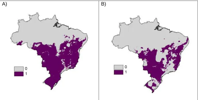 Figura 7 –  Áreas de sobreposição de modelos de Maxent e Mahalanobis para plantação de  girassol, de acordo com o clima